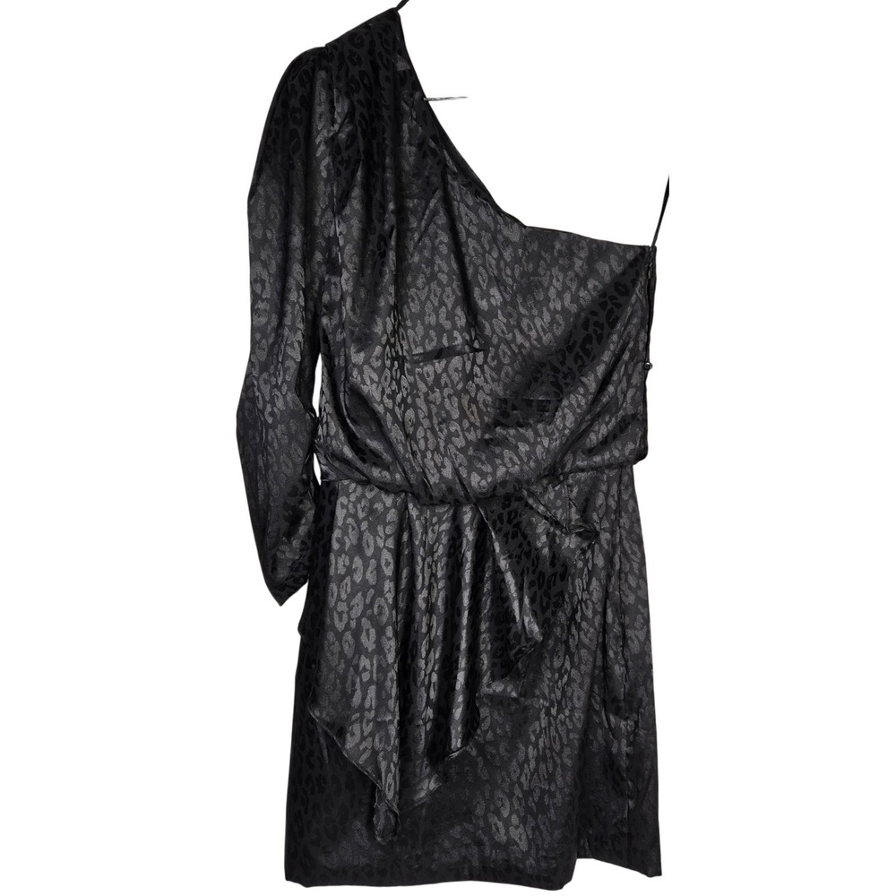 DO+BE Black Leopard Print One Shoulder Long Sleeve Ruched Draped Dress Size S